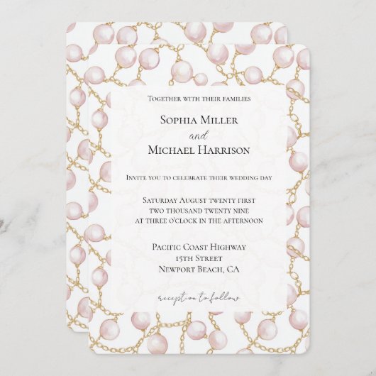 Goldene Pink Glam Pearls Hochzeit Einladung (Vorne/Hinten)