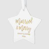 Goldene Pinselschrift Verheiratet & Merry Wedding Ornament (Vorderseite)