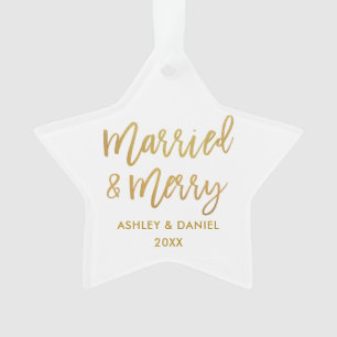 Goldene Pinselschrift Verheiratet & Merry Wedding  Ornament