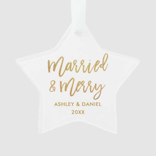 Goldene Pinselschrift Verheiratet & Merry Wedding Ornament (Vorderseite)