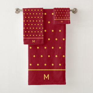 Goldene Polka-Punkte auf karmesinrotem & Monogramm Badhandtuch Set