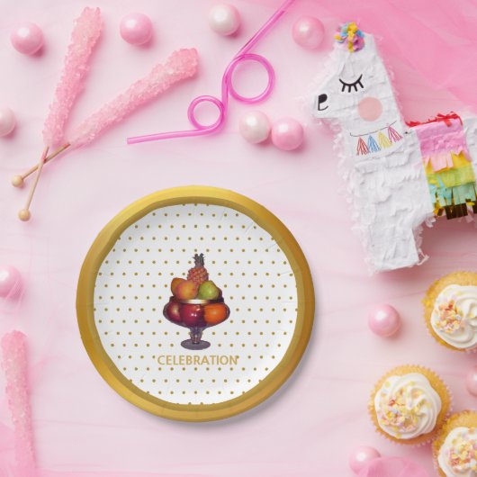 Goldene Punkte und Früchte Pappteller (Party)