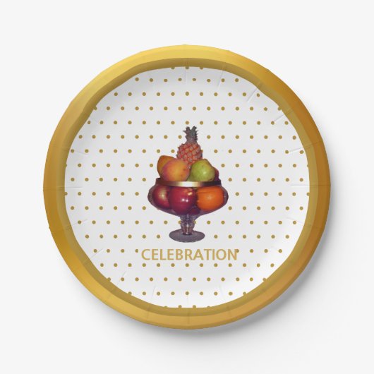 Goldene Punkte und Früchte Pappteller (Vorderseite)