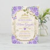 Goldene Quinceañera Lila Krone Mexikanischer Schme Einladung (Stehend Vorderseite)