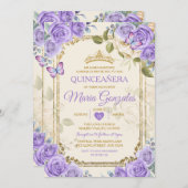 Goldene Quinceañera Lila Krone Mexikanischer Schme Einladung (Vorne/Hinten)