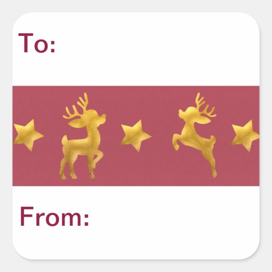 Goldene Rentiere auf rotem Papier Quadratischer Aufkleber (Vorderseite)