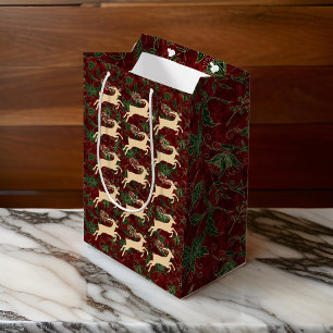 Goldene Rentiere auf Vintagen Imitaten Rotes grün Mittlere Geschenktüte