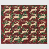 Goldene Rentiere auf Vintagen Imitaten Rotes grüne Geschenkpapier (Flach)