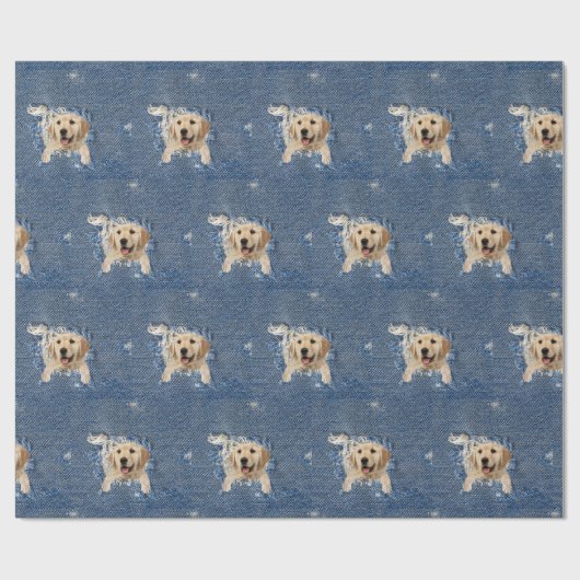 Goldene Retriever in gerötetem blauem Loch Geschenkpapier (Flach)