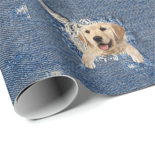 Goldene Retriever in gerötetem blauem Loch Geschenkpapier (Rolleneckpunkt)