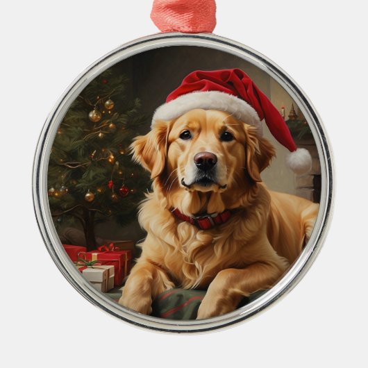 Goldene Retriever Weihnachtsmannmütze Ornament Aus Metall (Vorne)