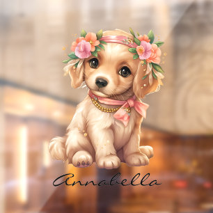 Goldene Retriever Welpe mit Blume Individuelle Nam Fensteraufkleber