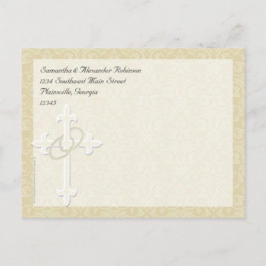 Goldene Ringe mit Kreuz, elegante Christliche Lieb Ankündigungspostkarte (Rückseite)