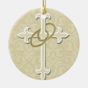 Goldene Ringe mit Kreuz, elegante Christliche Lieb Keramik Ornament