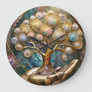 Goldene Robot-Hand, die den goldenen Baum des Lebe Große Wanduhr