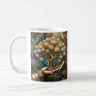 Goldene Robot-Hand, die den goldenen Baum des Lebe Kaffeetasse