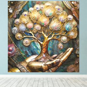 Goldene Robot-Hand, die den goldenen Baum des Lebe Leinwanddruck