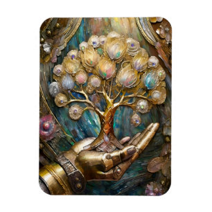 Goldene Robot-Hand, die den goldenen Baum des Lebe Magnet