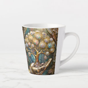 Goldene Robot-Hand, die den goldenen Baum des Lebe Milchtasse