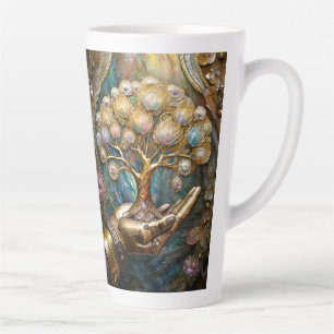 Goldene Robot-Hand, die den goldenen Baum des Lebe Milchtasse