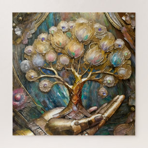 Goldene Robot-Hand, die den goldenen Baum des Lebe Puzzle