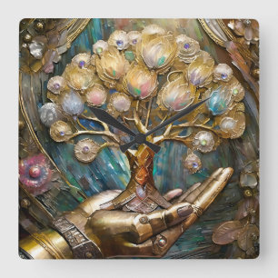Goldene Robot-Hand, die den goldenen Baum des Lebe Quadratische Wanduhr
