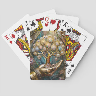 Goldene Robot-Hand, die den goldenen Baum des Lebe Spielkarten
