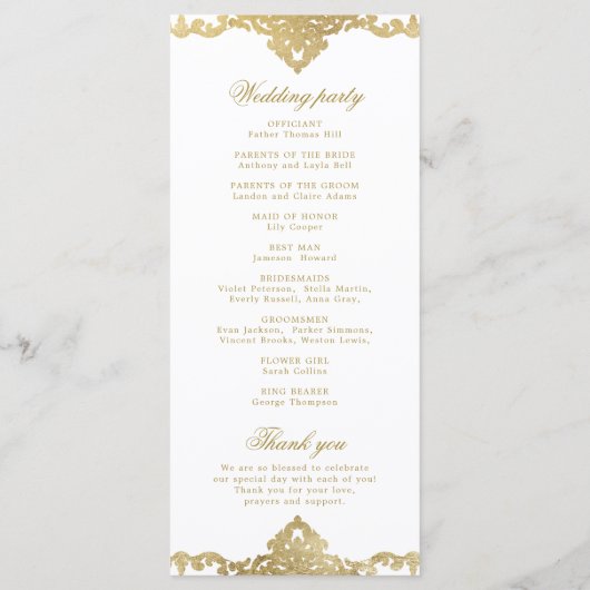 Goldene romantische verzierte Hochzeit Programm (Rückseite)