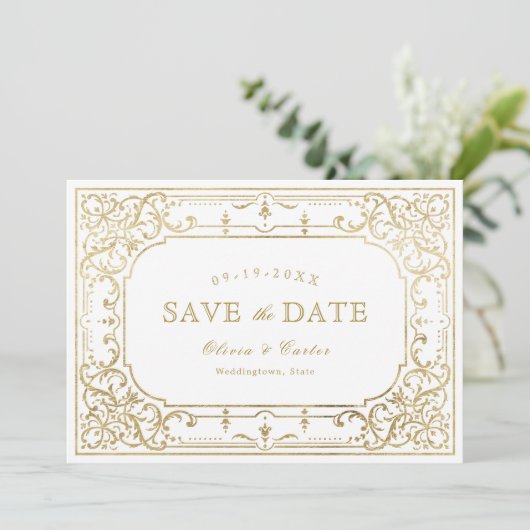 Goldene romantische verzierte Hochzeit Save The Date (Stehend Vorderseite)