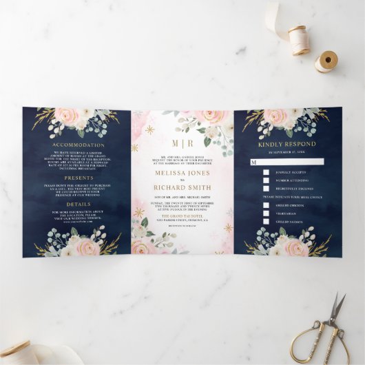 Goldene Rosa Blütenblume Alles in einer Marinehoch Dreifach Gefaltete Einladung (Innenseite)