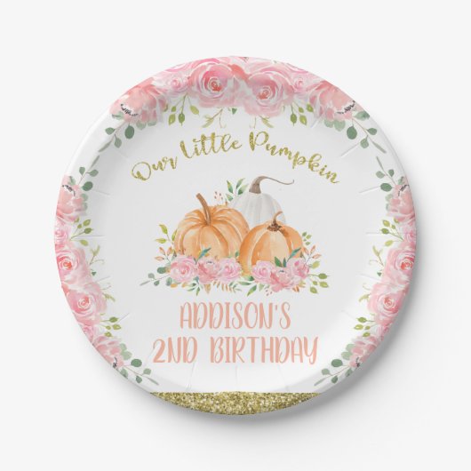 Goldene Rosa Floral Pumpkin Birthday Party Pappteller (Vorderseite)