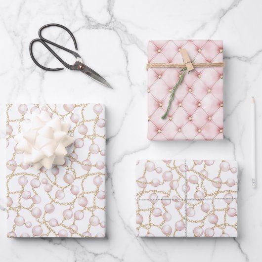 Goldene rosa glamouröse Perlen Geschenkpapier Set (Vorderseite)