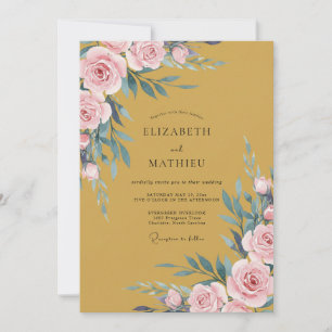 Goldene rosa Laub-Eukalyptus-Hochzeit Einladung