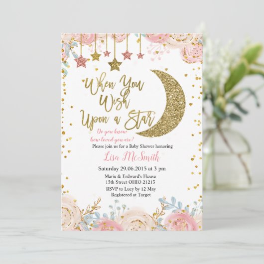 Goldene Rosa Little Star Babydusche Einladung (Stehend Vorderseite)