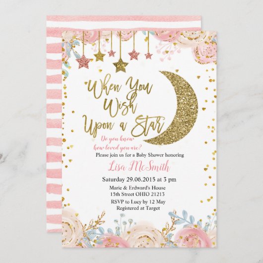 Goldene Rosa Little Star Babydusche Einladung (Vorne/Hinten)