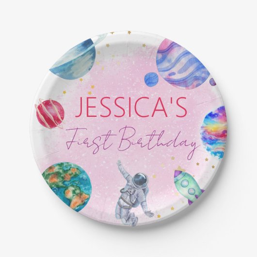 Goldene Rosa-Raketenschiff Planet Pappteller (Vorderseite)