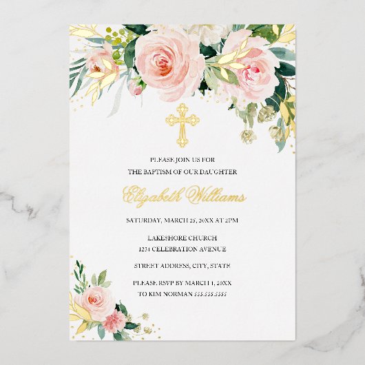 Goldene Rosa Wasserfarbe Blumenzwiebeln Taufe Folieneinladung (Vorderseite)