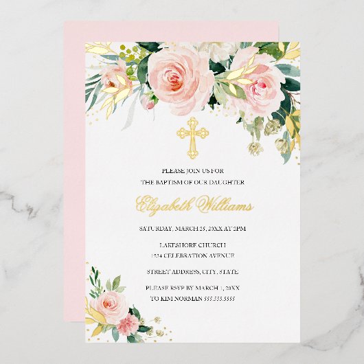 Goldene Rosa Wasserfarbe Blumenzwiebeln Taufe Folieneinladung (Vorderseite/Rückseite)