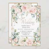 Goldene Rosa Wasserfarben Romantische Blumenhochze Einladung (Vorne/Hinten)