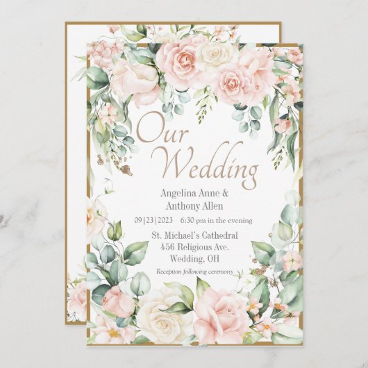 Goldene Rosa Wasserfarben Romantische Blumenhochze Einladung (Vorne/Hinten)