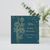 Goldene Rose auf blau grün, Konfetti 50 Jahre Jubi Einladung (Stehend Vorderseite)
