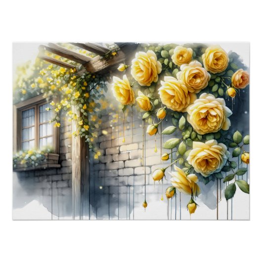 Goldene Rose auf der Rustikalen Steinmauer Hütte Poster (Vorderseite)