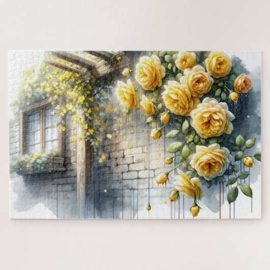 Goldene Rose auf der Rustikalen Steinmauer Hütte Puzzle (Horizontal)