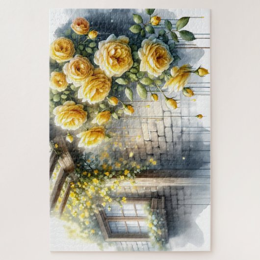Goldene Rose auf der Rustikalen Steinmauer Hütte Puzzle (Vertikal)