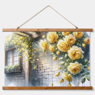 Goldene Rose auf der Rustikalen Steinmauer Hütte Wandteppich Mit Holzrahmen