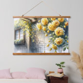 Goldene Rose auf der Rustikalen Steinmauer Hütte Wandteppich Mit Holzrahmen (Schlafzimmer)