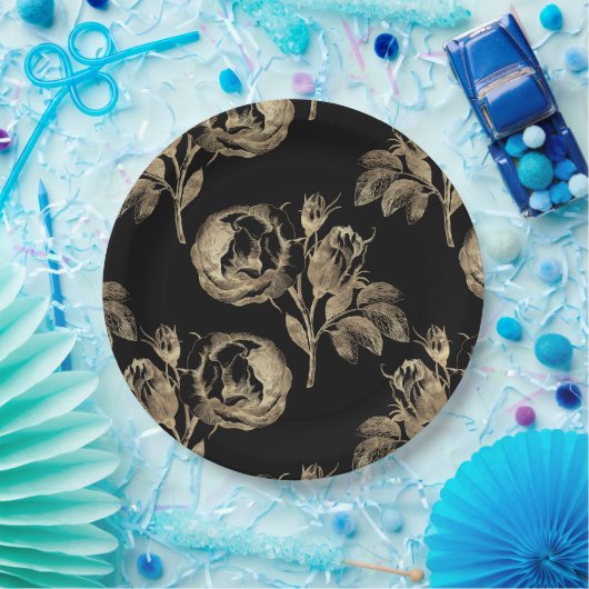 Goldene Rose | Elegante Gold Floral auf Schwarz Pappteller (Party)
