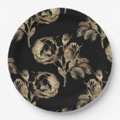 Goldene Rose | Elegante Gold Floral auf Schwarz Pappteller (Vorderseite)