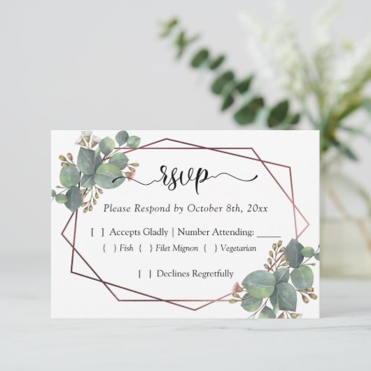 Goldene Rose Eukalyptus-UAWG RSVP Karte (Stehend Vorderseite)