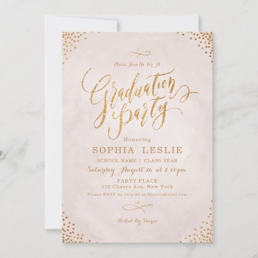 Goldene Rose-Goldkalligraphie-Graduierungsparty Einladung (Vorderseite)